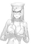  akitsu_maru_(kantai_collection) blush breasts cleavage gloves greyscale hat kantai_collection large_breasts lips looking_at_viewer monochrome self_fondle simple_background solo unbuttoned white_background yuuji_(and) 