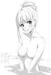  artist_name bangs blush breasts collarbone commentary dated eyebrows_visible_through_hair greyscale light_smile looking_at_viewer medium_breasts monochrome nude original partially_submerged pool sidelocks signature simple_background sketch smile solo tabata_hisayuki tied_hair upper_body 
