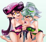 animal_humanoid big_breasts breasts callie_(splatoon) cephalopod cephalopod_humanoid cleavage clothed clothing ear_piercing eyelashes female gm_laz green_background green_clothing green_hair green_lingerie hair hand_holding hi_res huge_breasts humanoid humanoid_pointy_ears inkling kneeling lingerie long_hair looking_at_viewer marie_(splatoon) marine marine_humanoid mollusk mollusk_humanoid nintendo open_mouth open_smile piercing pink_clothing pink_lingerie pseudo_hair pupils purple_hair simple_background smile solo splatoon squid_humanoid tan_body tan_skin tentacle_hair tentacles thick_thighs unusual_pupils wide_hips yellow_eyes