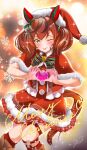  1girl blush boots brown_eyes commentary_request hat heart heart_hands horse_girl looking_at_viewer medium_hair merry_christmas miki_lutecia nice_nature_(umamusume) red_hair ribbon santa_costume santa_hat signature snowflakes solo sparkle thighs tongue tongue_out umamusume 
