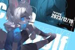 2023 anthro blue_clothing blue_topwear bottomwear clothed clothing dated emolga_1 fur grey_body grey_bottomwear grey_clothing grey_fur grey_shorts hair hi_res looking_at_viewer male object_in_mouth shorts sitting solo topwear white_body white_fur white_hair young_anthro young_male
