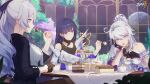  3girls ahoge annoyed bare_shoulders black_flower black_sleeves breasts bronya_zaychik bronya_zaychik_(silverwing:_n-ex) brown_gloves cake chair chinese_commentary closed_mouth crown cup earrings eating feeding flower food fork gloves grey_eyes grey_hair hand_on_own_head high_ponytail highres holding holding_food holding_spoon homu_(honkai_impact) honkai_(series) honkai_impact_3rd jewelry kiana_kaslana kiana_kaslana_(herrscher_of_finality) large_breasts looking_at_another multiple_girls official_art official_wallpaper open_mouth purple_eyes raiden_mei single_glove sitting smile spoilers spoon star-shaped_pupils star_(symbol) symbol-shaped_pupils white_hair white_sleeves 