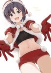  1girl antenna_hair black_eyes black_hair black_shirt commentary_request crop_top dutch_angle fur-trimmed_gloves fur-trimmed_jacket fur-trimmed_sleeves fur_trim gloves hat idolmaster idolmaster_(classic) jacket kikuchi_makoto light_blush looking_at_viewer merry_christmas midriff mogskg navel open_mouth pom_pom_(clothes) puffy_short_sleeves puffy_sleeves red_gloves red_headwear red_jacket red_shorts santa_costume santa_hat shirt short_hair short_shorts short_sleeves shorts sidelocks smile solo teeth thighs upper_teeth_only white_background 