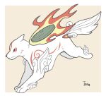 2017 absurd_res amaterasu_(okami) ambiguous_gender artist_name black_nose border canid canine canis capcom eye_markings female_(lore) feral fire fur fur_markings head_markings hi_res mammal markings okami_(capcom) red_markings side_view simple_background smile solo tail tan_background temitess white_body white_border white_fur white_tail wolf