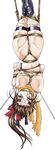  blue_eyes bow breasts censored character_request facial_mark fishnets forehead_mark gag hair_bow inoue_yoshihisa large_breasts mosaic_censoring ninja nipple_torture ponytail pussy rope shibari solo sweat thigh_gap torn_clothes upside-down 