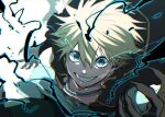  1boy absurdres artist_name black_capelet black_clover blonde_hair capelet claws energy green_eyes green_shirt highres looking_at_viewer luck_voltia male_focus nac_tw open_mouth shirt short_hair smile solo white_background 
