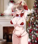  1girl absurdres antlers armpits arms_behind_head bare_legs bikini blue_archive blush breasts brown_eyes capelet christmas christmas_ornaments christmas_tree cleavage cowboy_shot drooling elbow_gloves glasses gloves groin halo highres index_finger_raised indoors johwa_(1n33dyour1ov3) large_breasts long_hair low_twintails moe_(blue_archive) navel open_mouth orange_halo red_bikini red_capelet red_gloves reindeer_antlers round_eyewear santa_bikini smile solo swimsuit twintails v yellow_eyes 