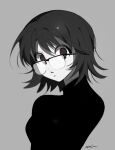  1girl absurdres black-framed_eyewear black_eyes black_hair commentary_request eungo eyelashes glasses grey_background highres hunter_x_hunter korean_commentary looking_at_viewer parted_lips shizuku_murasaki short_hair simple_background solo upper_body 