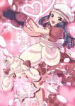  1girl :d ;d absurdres alcremie apron black_footwear blue_hair come2traveling dawn_(pokemon) dress feet_out_of_frame highres leg_up long_hair looking_at_viewer loose_socks mittens one_eye_closed pokemon pokemon_(creature) pokemon_dppt puffy_short_sleeves puffy_sleeves red_dress red_mittens short_sleeves smile socks valentine white_apron white_headwear white_socks 