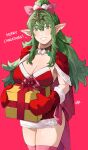  1girl alternate_costume blush breasts capelet christmas cleavage commentary dress earrings english_commentary fire_emblem fire_emblem_awakening fur-trimmed_capelet fur-trimmed_dress fur-trimmed_gloves fur_trim gloves green_eyes green_hair hair_between_eyes hair_ornament hair_ribbon highres jewelry large_breasts long_hair looking_at_viewer merry_christmas open_mouth pink_ribbon pink_thighhighs pointy_ears ponytail red_background red_capelet red_dress red_gloves ribbon sakuremi sidelocks simple_background smile solo strapless strapless_dress thighhighs thighs tiki_(adult)_(fire_emblem) tiki_(fire_emblem) very_long_hair 