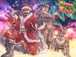  3boys all_fours animal_costume antlers bara beard bunta_ru christmas christmas_tree crossed_arms facial_hair full_beard full_body gift_bag gloves glowing goatee_stubble hat highres large_pectorals male_focus mature_male merry_christmas multiple_boys muscular muscular_male old old_man on_one_knee one_eye_closed original pectorals red_headwear reindeer_antlers reindeer_costume santa_claus santa_costume santa_hat short_hair smile thick_beard thick_eyebrows thick_thighs thighs v wrinkled_skin 