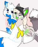 absurd_res anthro belovedfoxx breast_squish breasts canid canine canis duo felid female genitals hi_res ivy_(sona) looking_at_another lucky_(sona) male male/female mammal pantherine penis piercing smile squish tiger wings wolf