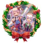  2girls black_eyes christmas christmas_wreath detached_sleeves eiyuu_densetsu facial_hair fake_facial_hair fake_mustache hajimari_no_kiseki hat heterochromia highres lapis_rosenberg looking_at_viewer meowpie mini_hat mini_top_hat multiple_girls mustache nadia_rayne pink_hair ribbon smile top_hat twintails waving white_hair wreath 