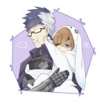  ... 1boy 1girl :t absurdres aged_down armor black-framed_eyewear blue_eyes brown_hair cape carrying cosplay eyepatch fate/grand_order fate_(series) fou_(fate) fou_(fate)_(cosplay) gauntlets glasses grey_hair guimp hair_over_one_eye highres kigurumi light_blush multicolored_hair opaque_glasses ophelia_phamrsolone princess_carry purple_cape purple_hair pushing_away pushing_face shaded_face short_hair sigurd_(fate) spoken_ellipsis two-tone_hair upper_body x 