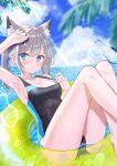  1girl absurdres animal_ear_fluff animal_ears black_one-piece_swimsuit blue_archive blue_eyes blue_sky blurry breasts clothes_pull cloud commentary_request competition_swimsuit covered_navel cross_hair_ornament day depth_of_field extra_ears feet_out_of_frame grey_hair hair_ornament halo highres horizon innertube low_ponytail medium_breasts medium_hair mismatched_pupils multicolored_clothes multicolored_swimsuit ocean official_alternate_costume one-piece_swimsuit one-piece_swimsuit_pull outdoors ria_(riamerun) shiroko_(blue_archive) shiroko_(swimsuit)_(blue_archive) sky solo swimsuit water wolf_ears 