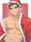 1boy 9_panda_9 absurdres bara bare_pectorals black_hair bright_pupils christmas hat highres large_pectorals looking_at_viewer male_focus muscular muscular_male navel nipples off_shoulder original pectorals red_headwear santa_costume santa_hat seductive_smile short_hair smile solo thick_eyebrows undressing upper_body 