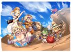  3girls armpits ayla_(chrono_trigger) blonde_hair breasts chrono_trigger cleavage crono faceplant glasses helmet high_ponytail kaeru_(chrono_trigger) large_breasts long_hair looking_at_viewer lucca_ashtear magus marle multiple_boys multiple_girls nuezou one_eye_closed ponytail robo shield smile 