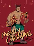  1boy abs absurdres antlers arm_hair bara beard belly boots box character_print character_request chest_hair christmas dark-skinned_male dark_skin dated facial_hair full_beard full_body gangdong gift gift_box hairy highres large_pectorals leg_hair looking_at_viewer male_focus mature_male merry_christmas muscular muscular_male mustache_stubble navel navel_hair nipples original pectorals plump print_shorts reindeer_antlers short_hair shorts smile socks solo standing stomach strongman_waist thick_eyebrows topless_male 