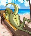 anthro beach beverage big_breasts big_butt bikini breasts butt clothing coconut coconut_drink digital_media_(artwork) drupe_(fruit) eyewear female food fruit glasses green_eyes green_hair green_lipstick hair hi_res huge_breasts lipstick makeup narikusha plant reptile sand scalie seaside sky snake solo surrex swimwear tail thick_thighs wide_hips