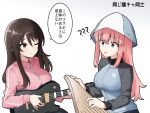  2girls ? ?? amogan aqua_eyes bocchi_the_rock! breasts brown_eyes brown_hair commentary_request cosplay costume_switch electric_guitar girls_und_panzer gotoh_hitori gotoh_hitori_(cosplay) guitar hat highres instrument jacket kantele large_breasts mika_(girls_und_panzer) mika_(girls_und_panzer)_(cosplay) multicolored_clothes multicolored_jacket multiple_girls music one_eye_closed pink_hair pink_jacket playing_instrument smile sweatdrop track_jacket translated two-tone_jacket 