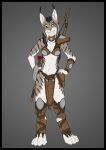 anthro arrow_(weapon) axe bow_(weapon) felid feline female hands_on_hips hi_res lynx mammal mira_(spectronic) ranged_weapon solo spectronic tribal weapon