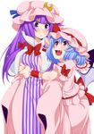  :d bangs bat_wings blue_hair blue_ribbon blunt_bangs blush bow bowtie commentary_request cowboy_shot crescent dress eichi_yuu fang hair_bow hat hat_ribbon hug hug_from_behind long_hair long_sleeves looking_at_another mob_cap multiple_girls open_mouth pajamas patchouli_knowledge pink_shirt pink_skirt pointy_ears puffy_short_sleeves puffy_sleeves purple_eyes purple_hair red_bow red_eyes red_neckwear red_ribbon remilia_scarlet ribbon shirt short_sleeves skirt skirt_set sleeves_past_wrists smile striped touhou triangle_mouth vertical-striped_dress vertical_stripes wide_sleeves wings wrist_cuffs 