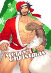  1boy abs alternate_costume arm_tattoo bara bare_pectorals beard beard_stubble black_hair christmas facial_hair feet_out_of_frame full_beard gift_bag hanzo_(overwatch) hat highres hunterkay large_pectorals male_focus mature_male merry_christmas muscular muscular_male nipples overwatch overwatch_1 pectorals red_headwear santa_costume santa_hat short_hair shy solo standing stomach tattoo thick_eyebrows thick_thighs thighs 
