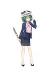  :d alternate_hairstyle bekotarou blouse full_body glasses green_eyes green_hair hat jacket legs long_sleeves looking_at_viewer open_clothes open_jacket open_mouth pencil_skirt red-framed_eyewear rod_of_remorse shiki_eiki short_hair simple_background skirt smile solo standing touhou white_background white_blouse 