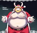 2023 anthro asgore_dreemurr beard belly big_belly bottomwear bovid bulge christmas christmas_clothing christmas_headwear clothing english_text eyes_closed facial_hair hat headgear headwear hi_res holidays humanoid_hands kemono male mammal moobs navel nipples overweight overweight_male pants realiron_(artist) santa_claus santa_hat solo text undertale_(series)