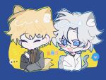  2boys :3 animal_ears atou_haruki blonde_hair blue_eyes brown_sweater cat_boy cat_ears cat_tail chibi closed_eyes closed_mouth colored_eyelashes dlam1 fang fox_boy fox_ears fox_tail glasses grey_hair grey_jacket grey_shirt hand_up heart highres jacket kanou_aogu kemonomimi_mode lab_coat long_sleeves male_focus multiple_boys open_clothes open_jacket open_mouth ribbed_sweater saibou_shinkyoku semi-rimless_eyewear shirt short_hair single_blush_sticker sleeves_past_fingers sleeves_past_wrists spoken_heart sweater tail turtleneck turtleneck_sweater 