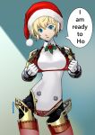  absurdres aegis_(persona) android aqua_eyes blonde_hair breasts christmas contrapposto cowboy_shot english_text expressionless hat highres holly joints lace-trimmed_legwear lace-trimmed_panties lace_trim lips looking_at_viewer mechanical_parts medium_breasts mmmalice panties parted_lips persona persona_3 red_thighhighs redrawn ringed_eyes robot_joints santa_hat short_hair speech_bubble thighhighs underwear underwear_only 