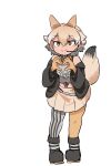  1girl animal_ears asymmetrical_legwear bare_shoulders black_footwear black_jacket black_thighhighs blonde_hair blush boots brown_skirt choker coyote_(kemono_friends) crop_top gloves hair_between_eyes heart heart_hands highres jacket kemono_friends kemono_friends_v_project light_brown_hair long_sleeves looking_at_viewer mcgunngu microphone multicolored_hair pleated_skirt shirt short_hair sidelocks skirt smile solo spaghetti_strap striped striped_thighhighs tail thighhighs two-tone_thighhighs vertical-striped_thighhighs vertical_stripes virtual_youtuber white_choker white_hair white_shirt white_thighhighs wolf_ears wolf_girl wolf_tail yellow_eyes yellow_gloves yellow_theme 