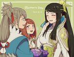  2017 2girls black_hair blush closed_eyes commentary_request dress fire_emblem fire_emblem_if hairband hiyori_(rindou66) japanese_clothes long_hair mikoto_(fire_emblem_if) mole mole_under_mouth mother's_day mother_and_daughter mother_and_son multiple_girls open_mouth ponytail red_hair sakura_(fire_emblem_if) short_hair smile takumi_(fire_emblem_if) very_long_hair white_hair 