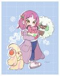  1girl :o alcremie blue_background blue_pants border commentary_request egg eyelashes grid_background heart highres itoi_box jacket lacey_(pokemon) medium_hair pants poke_ball_symbol pokemon pokemon_egg pokemon_sv purple_hair purple_jacket shoes snubbull surprised whimsicott white_border white_footwear 