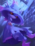  absurdres animal_focus colored_sclera colored_skin commentary_request crescent_moon floating hat highres mian_(3zandora) mismagius moon no_humans pokemon pokemon_(creature) purple_background purple_skin red_eyes wavy_mouth witch_hat yellow_sclera 