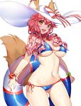  animal_ears ass_visible_through_thighs bikini blue_bikini blush bracelet breasts ears_through_headwear fate/extra fate/grand_order fate_(series) fox_ears fox_girl fox_tail ganik hat innertube jewelry large_breasts long_hair looking_at_viewer medium_breasts navel open_mouth orange_eyes pink_hair round_teeth side-tie_bikini simple_background smile solo string_bikini sun_hat swimsuit tail tamamo_(fate)_(all) tamamo_no_mae_(fate) tamamo_no_mae_(swimsuit_lancer)_(fate) teeth thighs underboob upper_teeth white_background white_hat 