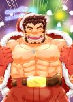  1boy ^_^ abs absurdres alternate_costume bara bare_pectorals black_hair blush christmas closed_eyes dated emphasis_lines facing_viewer forked_eyebrows hat highres kumanomi_ichiro large_pectorals male_focus muscular muscular_male mutton_chops navel nipples pectorals red_headwear santa_costume santa_hat short_hair solo sparse_chest_hair square_face strongman_waist tajikarao_(housamo) thick_eyebrows tokyo_afterschool_summoners tusks undressing 