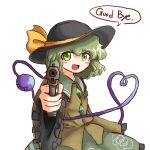  1girl aiming aiming_at_viewer buttons diamond_button green_eyes green_hair gun hat highres holding holding_gun holding_weapon komeiji_koishi looking_at_viewer open_mouth short_hair simple_background smile solo third_eye upper_body weapon wide_sleeves 