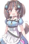  1girl absurdres apron blue_dress blue_hair breasts brown_eyes brown_hair cleavage collarbone commentary_request dog_girl dress frilled_apron frills heart highres hololive inugami_korone inugami_korone_(6th_costume) keyhole medium_breasts motion_lines multicolored_hair puffy_short_sleeves puffy_sleeves short_eyebrows short_sleeves simple_background solo streaked_hair thick_eyebrows twintails umberblack virtual_youtuber white_apron white_background 