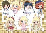  5girls alice_cartelet aqua_eyes blonde_hair blue_eyes blue_hair blue_headwear bow bowtie brown_hair chibi dress highres inokuma_youko kin-iro_mosaic komichi_aya kujou_karen long_hair looking_at_viewer low_twintails multiple_girls one_eye_closed oomiya_shinobu open_mouth pink_dress purple_bow purple_bowtie sample_watermark short_hair smile tsurugi_hikaru twintails watermark 