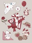  :d alcremie animal_focus balloon black_eyes bow claws colored_skin envelope flower grey_background highres latias no_humans plusle pokemon pokemon_(creature) red_bow red_flower red_rose rose smile spinda sumi_fms tail togekiss white_skin wings yellow_eyes 