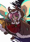  1girl antlers bell brown_gloves cape dragon_wings dress fa facial_mark fire_emblem fire_emblem:_fuuin_no_tsurugi fire_emblem_heroes forehead_mark fur_trim gloves green_eyes hood hood_up kmkr long_sleeves mamkute nintendo open_mouth purple_hair reindeer_antlers short_hair solo wings 