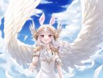  1girl angel_wings animal_ears beckoning blue_sky cloud commentary commission day dress eloru english_commentary eyelashes feathered_wings feathers flower gloves hair_flower hair_ornament laurel_crown light_blush long_hair looking_at_viewer mole mole_under_eye original outdoors parted_lips rabbit_ears reaching reaching_towards_viewer red_eyes red_lips rose short_sleeves shoulder_pads sky solo teeth upper_body wavy_hair white_dress white_gloves white_hair white_sleeves white_wings wings 