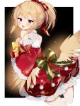  1girl back_bow blonde_hair blush bow box breasts dress frilled_dress frills fur-trimmed_dress fur_trim gift gift_box gold_ribbon green_bow hair_ribbon harpy highres holding holding_gift indie_virtual_youtuber mavia_(vtuber) monster_girl open_mouth pom_pom_(clothes) ponytail purple_eyes red_dress red_ribbon ribbon second-party_source snowflake_print solo sorani_(kaeru0768) two-tone_bow two-tone_ribbon virtual_youtuber yellow_wings 