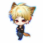  1boy :3 animal_ears atou_haruki black_jacket blonde_hair brown_sweater closed_mouth crossed_arms denim fox_boy fox_ears fox_tail grey_pants jacket jeans kemonomimi_mode long_sleeves looking_at_viewer male_focus ming_chao open_clothes open_jacket pants red_eyes saibou_shinkyoku short_hair simple_background solo sweater tail turtleneck white_background 