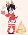 anthro antlers bow_ribbon burning christmas christmas_clothing clothing costume deer dialogue ears_up fire gift gift_tag hi_res higglytownhero holding_gift holding_object holidays hooves horn leggings legwear lies looking_at_viewer male mammal open_mouth price_tag santa_costume snowflake solo