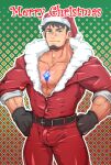  1boy bara beard black_hair bulge chest_jewel christmas facial_hair feet_out_of_frame gloves goatee hand_on_own_hips hat haymer highres large_pectorals looking_at_viewer male_focus mature_male merry_christmas muscular muscular_male original pectoral_cleavage pectorals red_headwear santa_costume santa_hat short_hair smile solo standing thick_beard thick_eyebrows 