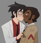  2boys black_hair blush brown_hair couple dark-skinned_male dark_skin eye_contact face-to-face gideon_gordon_graves glasses grey_background hand_on_another&#039;s_chest highres imminent_kiss long_sideburns looking_at_another male_focus matthew_patel mole mole_on_cheek multiple_boys parted_lips rectangular_eyewear scott_pilgrim_(series) scott_pilgrim_takes_off short_hair sideburns simple_background skycaelo upper_body yaoi 