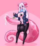 &lt;3 &lt;3_eyes absurd_res ahoge anthro areola balls bedroom_eyes big_balls big_breasts big_penis big_tail blue_eyes bodily_fluids breasts clothed clothing clothing_lift cum cum_drip dripping fangs genital_fluids genitals gynomorph hair hi_res horn huge_balls huge_penis huge_tail intersex limebreaker looking_at_viewer mistletoe mistletoe_on_penis motion_lines narrowed_eyes navel nipple_tape pasties penis pink_body plant seductive shirt shirt_in_mouth shirt_lift smile solo standing sweater tail tape teeth topwear unknown_species vein veiny_penis white_hair