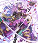  1girl book breasts camilla_(alluring_darkness)_(fire_emblem) camilla_(fire_emblem) cleavage crown dress fake_horns fire_emblem fire_emblem_fates fire_emblem_heroes gloves hair_over_one_eye highres holding holding_book horns large_breasts long_hair non-web_source official_alternate_costume official_art purple_dress purple_gloves solo wavy_hair 